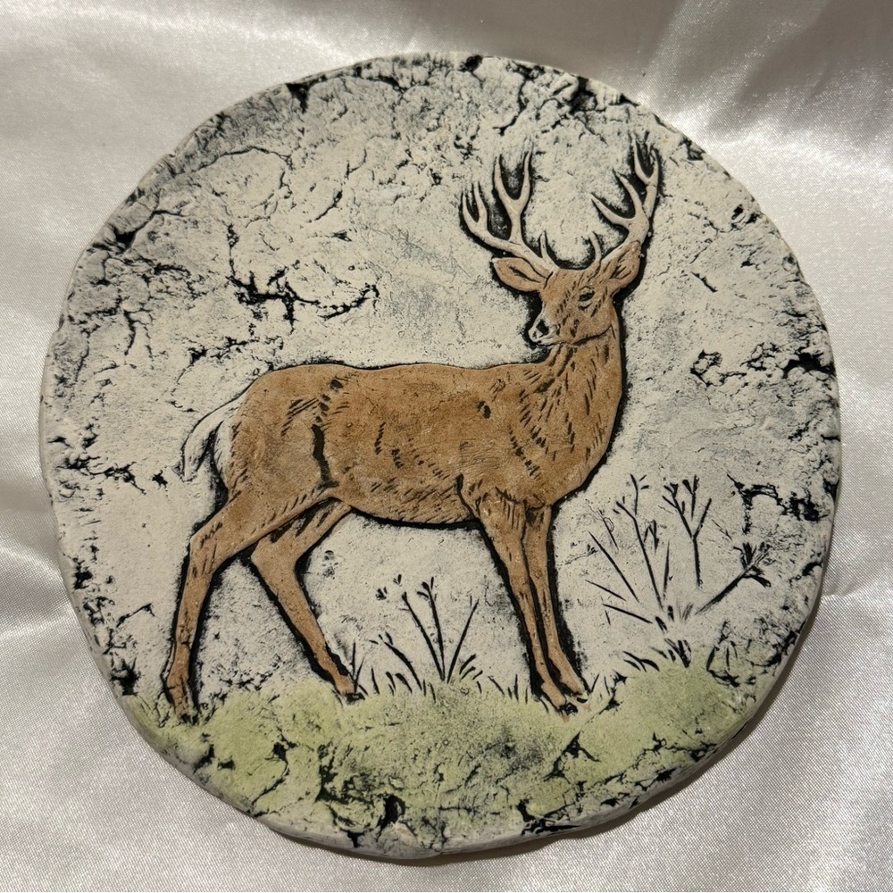 Shapes of Clay Round Deer Hand Painted Tile Rustic Mt St Helens Ash Decor